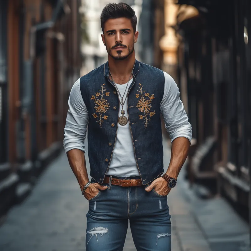 Men's Casual Cotton Linen Stand-up Collar Single-breasted Chest Flower Embroidery Slim Vest MTA1379F4M sold by Manly product image thumbnail 3