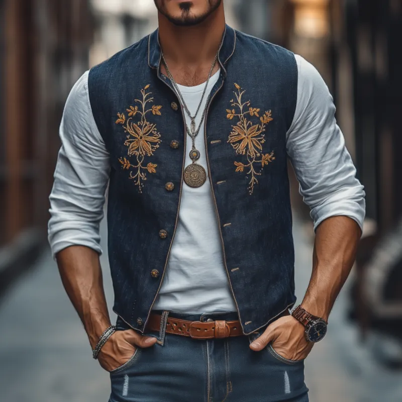 Men's Casual Cotton Linen Stand-up Collar Single-breasted Chest Flower Embroidery Slim Vest MTA1379F4M sold by Manly product image thumbnail 2