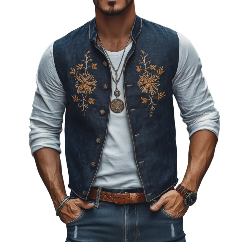 Men's Casual Cotton Linen Stand-up Collar Single-breasted Chest Flower Embroidery Slim Vest MTA1379F4M sold by Manly