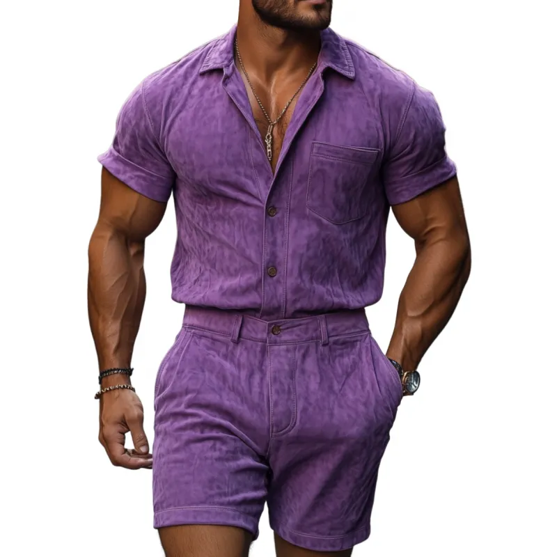 Men's Vintage Suede Lapel Patch Pocket Slim Fit Short Sleeve Shirt Suit Shorts Set MTA1313F2M sold by Manly