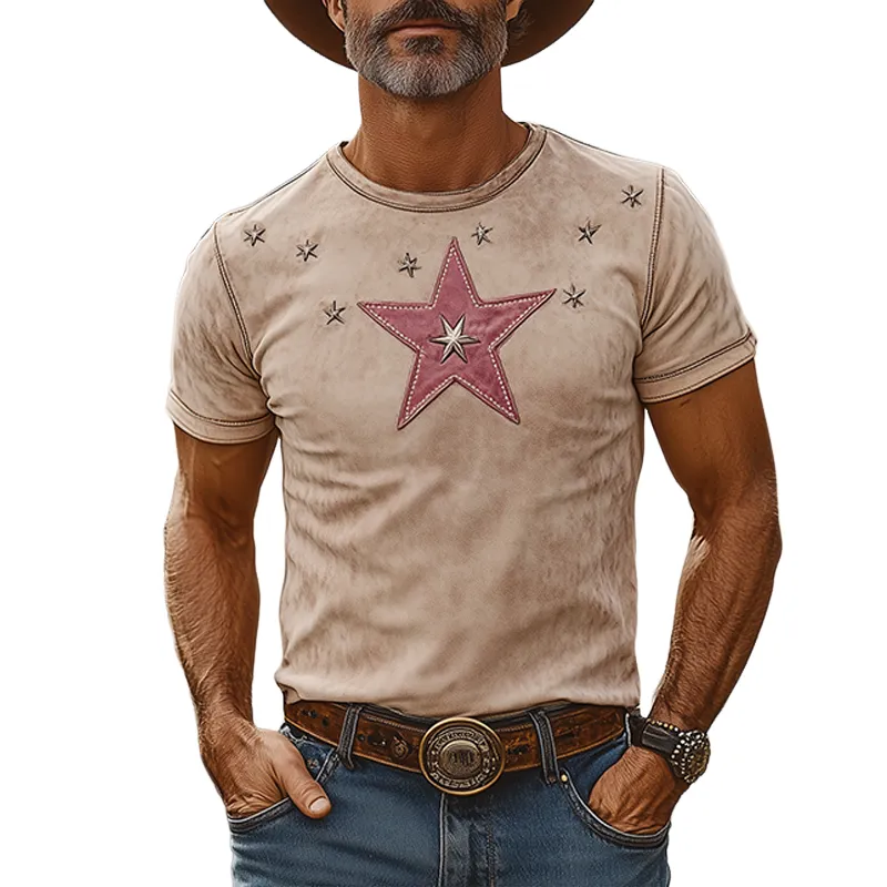Men's Spring And Summer Fashion Western Tough Style Thin Suede Round Neck Five-pointed Star Patch And Metal Rivet Slim Short-sleeved T-shirt MTA1334F1K sold by Manly