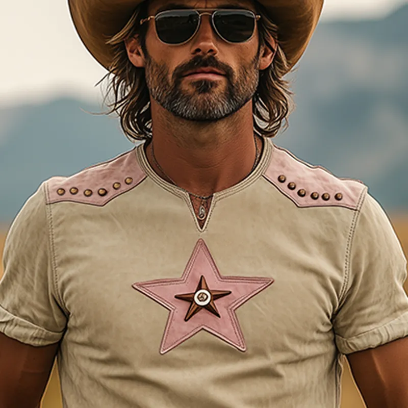 Men's Spring And Summer Fashion Western Tough Style Thin Suede Stitching Shoulder Decoration Rivet Chest Patch Five-pointed Star Slim Short-sleeved T-shirt MTA1302F2K sold by Manly product image thumbnail 4