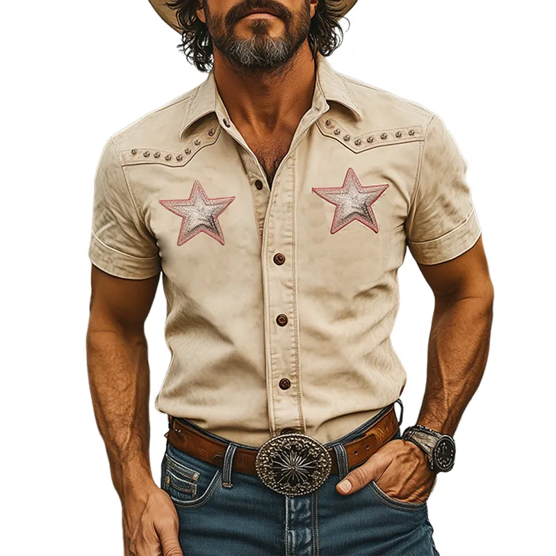 Men's Spring And Summer Fashion Western Tough Style Thin Suede Shoulder Decoration Rivet Five-pointed Star Patch Embroidery Slim Short-sleeved Shirt MTA1391F5K sold by Manly