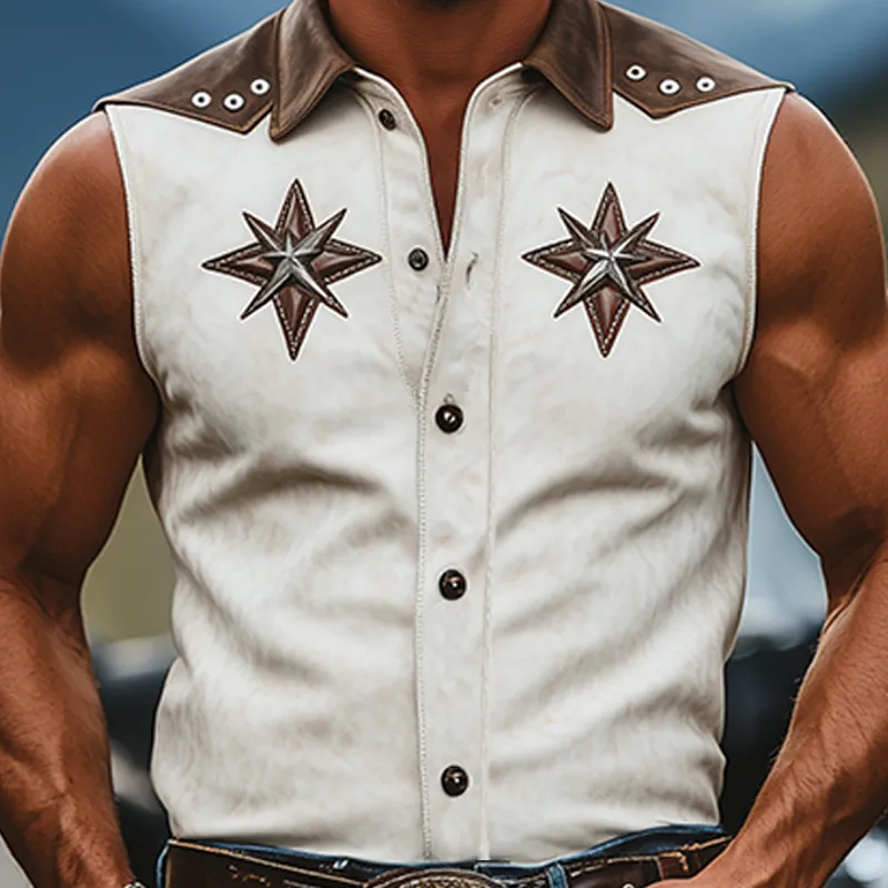 Men's Spring And Summer Fashion Retro American Western Tough Guy Style Thin Suede Stitching Lapel Decoration Hollow Rivet Sleeveless Shirt MTA1340F4K sold by Manly product image thumbnail 5
