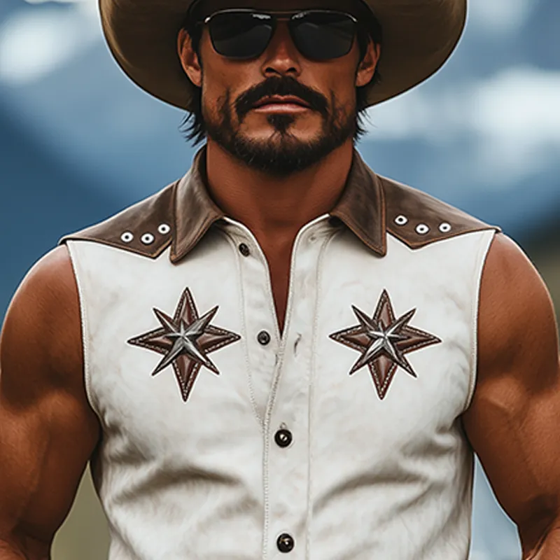 Men's Spring And Summer Fashion Retro American Western Tough Guy Style Thin Suede Stitching Lapel Decoration Hollow Rivet Sleeveless Shirt MTA1340F4K sold by Manly product image thumbnail 4