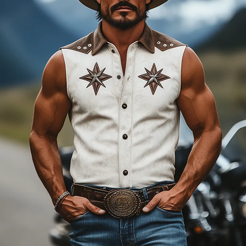 Men's Spring And Summer Fashion Retro American Western Tough Guy Style Thin Suede Stitching Lapel Decoration Hollow Rivet Sleeveless Shirt MTA1340F4K sold by Manly product image thumbnail 2