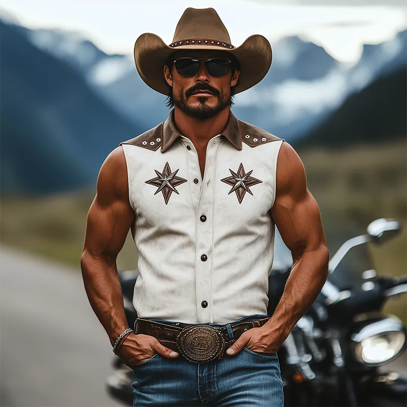 Men's Spring And Summer Fashion Retro American Western Tough Guy Style Thin Suede Stitching Lapel Decoration Hollow Rivet Sleeveless Shirt MTA1340F4K sold by Manly product image thumbnail 3