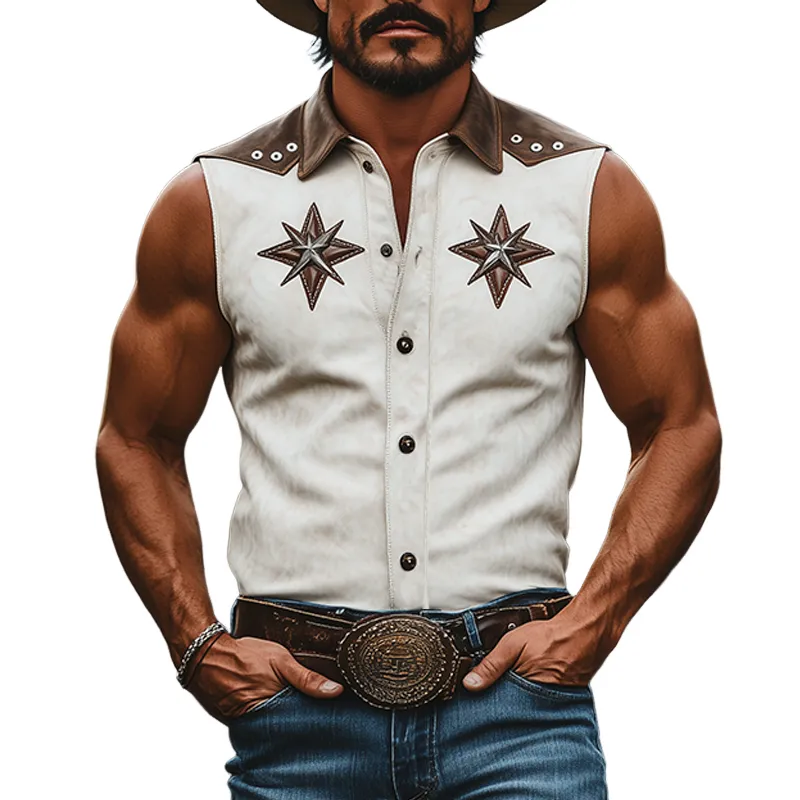 Men's Spring And Summer Fashion Retro American Western Tough Guy Style Thin Suede Stitching Lapel Decoration Hollow Rivet Sleeveless Shirt MTA1340F4K sold by Manly