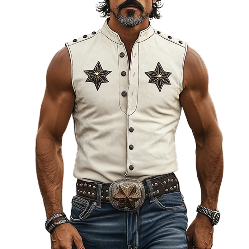 Men's Spring And Summer Fashion Retro American Western Tough Guy Style Thin Suede Decorative Rivet Slim Fit Sleeveless Shirt MTA1373F9K sold by Manly