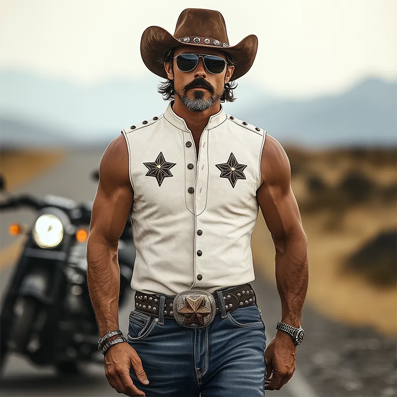 Men's Spring And Summer Fashion Retro American Western Tough Guy Style Thin Suede Decorative Rivet Slim Fit Sleeveless Shirt MTA1373F9K sold by Manly product image thumbnail 3