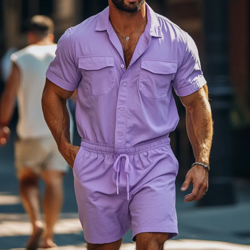 Men's Casual Breathable Cotton Lapel Chest Pocket Short Sleeve Elastic Waist Shorts Jumpsuit MTA1384F2M sold by Manly product image thumbnail 2