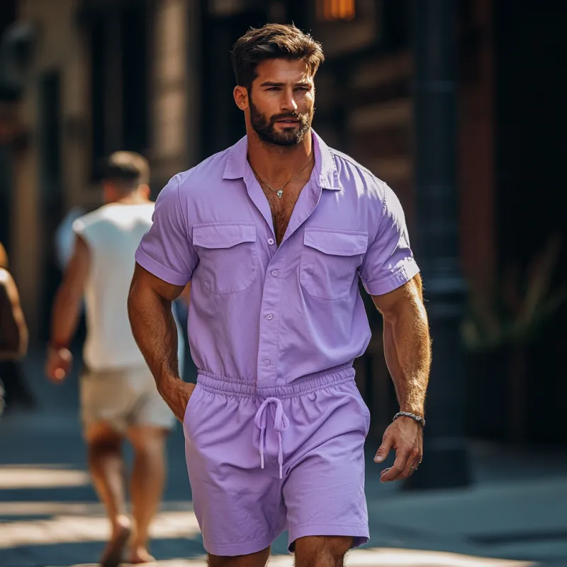 Men's Casual Breathable Cotton Lapel Chest Pocket Short Sleeve Elastic Waist Shorts Jumpsuit MTA1384F2M sold by Manly product image thumbnail 3