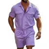 Men's Casual Breathable Cotton Lapel Chest Pocket Short Sleeve Elastic Waist Shorts Jumpsuit MTA1384F2M sold by Manly