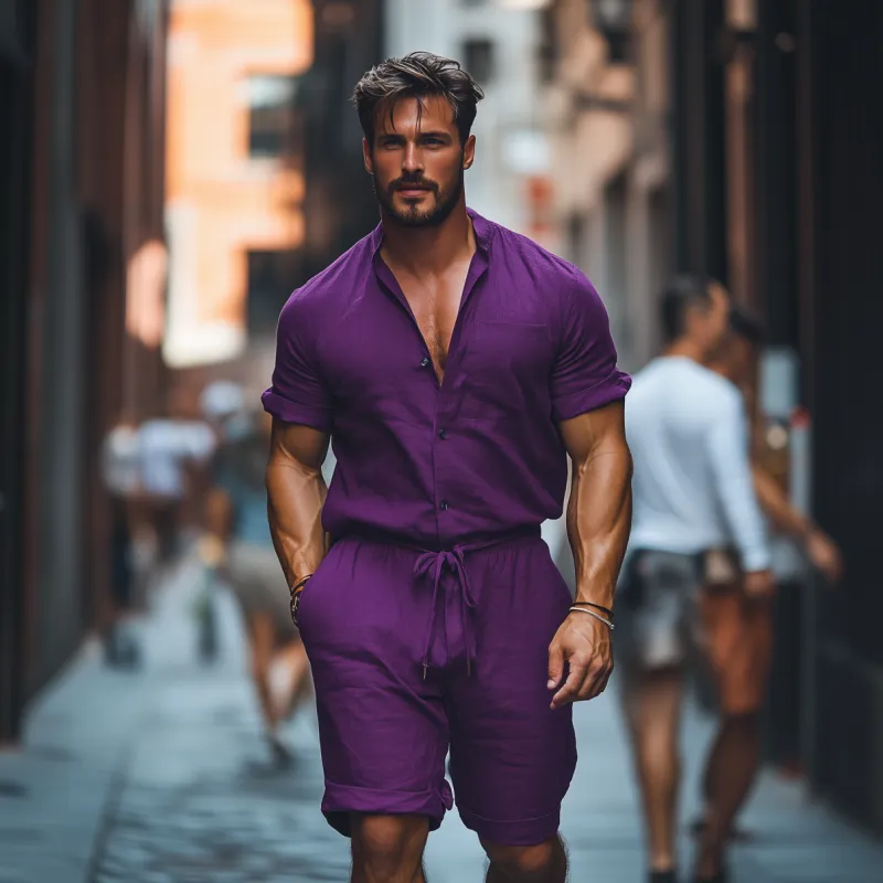 Men's Casual Breathable Cotton Stand Collar Patch Pocket Short Sleeve Shorts Jumpsuit MTA1330F7M sold by Manly product image thumbnail 3