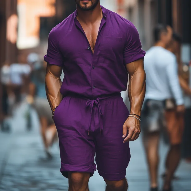 Men's Casual Breathable Cotton Stand Collar Patch Pocket Short Sleeve Shorts Jumpsuit MTA1330F7M sold by Manly product image thumbnail 2