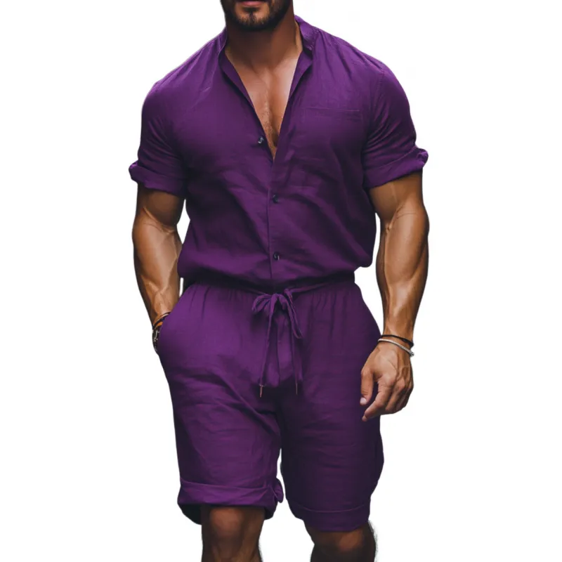 Men's Casual Breathable Cotton Stand Collar Patch Pocket Short Sleeve Shorts Jumpsuit MTA1330F7M sold by Manly