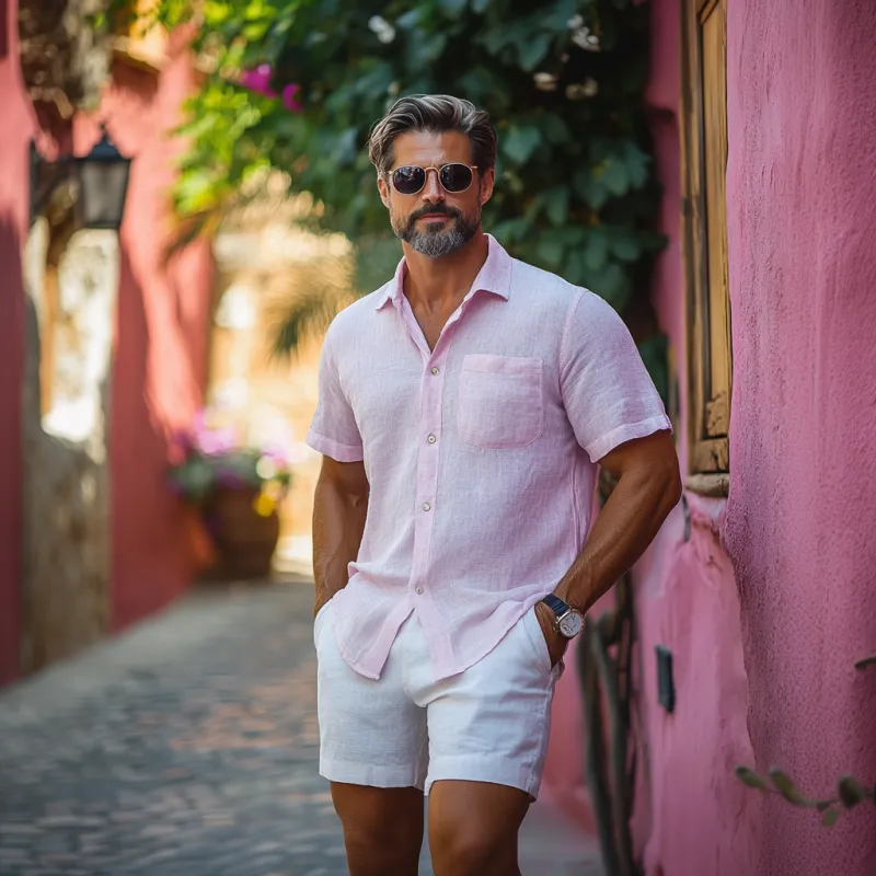 Men's Casual Breathable Cotton Linen Lapel Patch Pocket Short-sleeved Shirt Slim Shorts Colorblock Vacation Set MTA1398F7M sold by Manly product image thumbnail 3