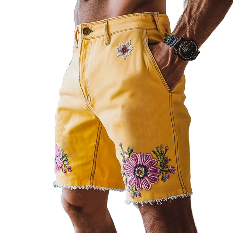 Men's Spring And Summer Fashion Casual Yellow Washed Denim Embroidery Length To Knee Shorts MTA1288F7K sold by Manly