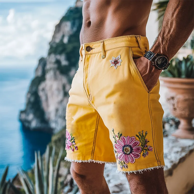 Men's Spring And Summer Fashion Casual Yellow Washed Denim Embroidery Length To Knee Shorts MTA1288F7K sold by Manly product image thumbnail 3