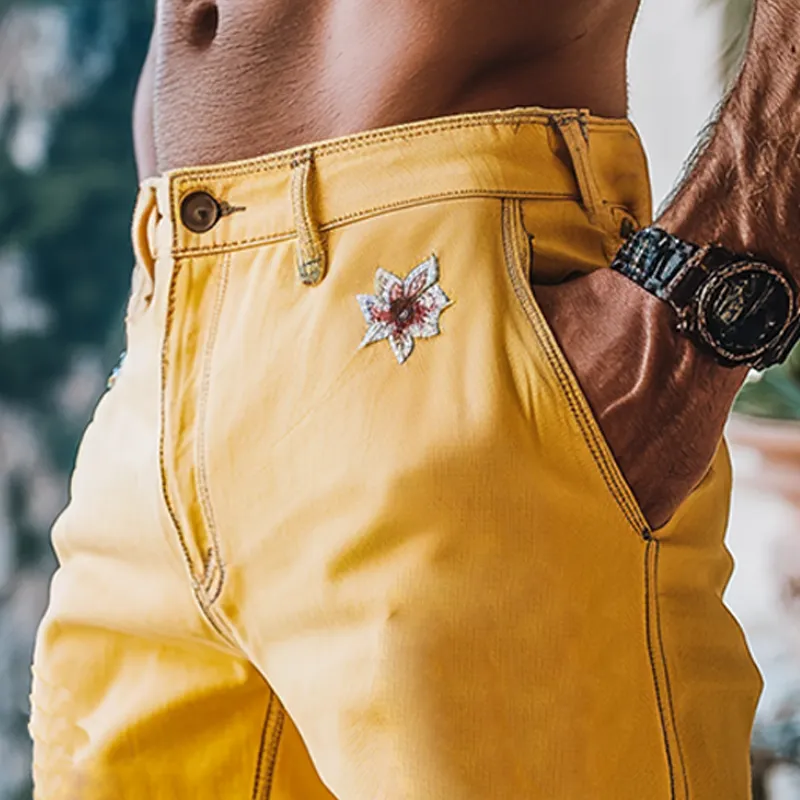 Men's Spring And Summer Fashion Casual Yellow Washed Denim Embroidery Length To Knee Shorts MTA1288F7K sold by Manly product image thumbnail 4