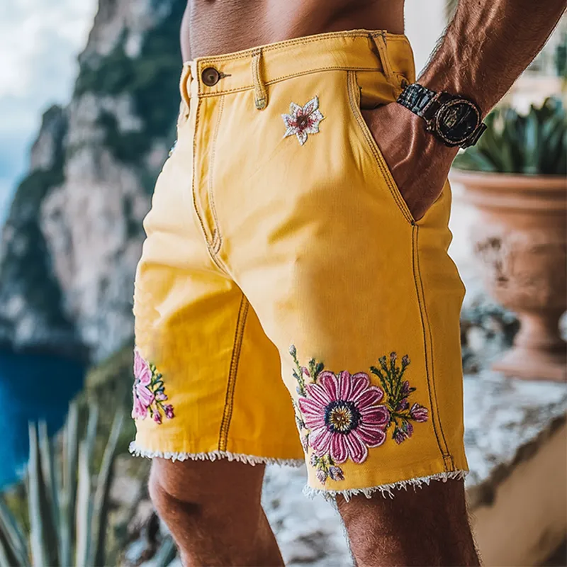 Men's Spring And Summer Fashion Casual Yellow Washed Denim Embroidery Length To Knee Shorts MTA1288F7K sold by Manly product image thumbnail 2