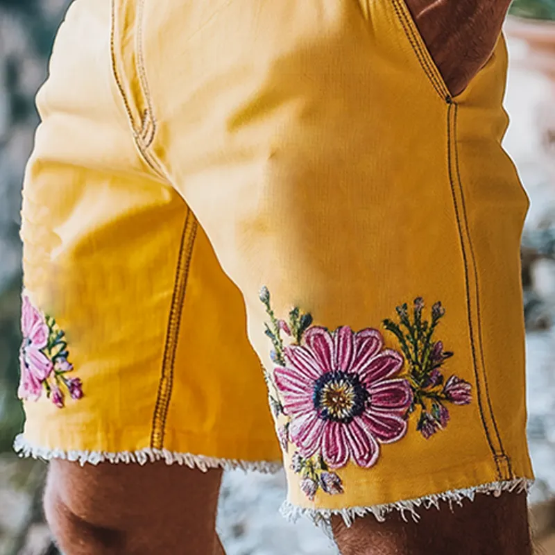 Men's Spring And Summer Fashion Casual Yellow Washed Denim Embroidery Length To Knee Shorts MTA1288F7K sold by Manly product image thumbnail 5