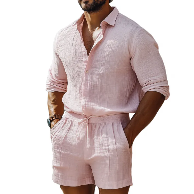 Men's Casual Breathable Pleated Cotton Linen Lapel Long-sleeved Shirt Elastic Waist Shorts Holiday Set MTA1399F2M sold by Manly