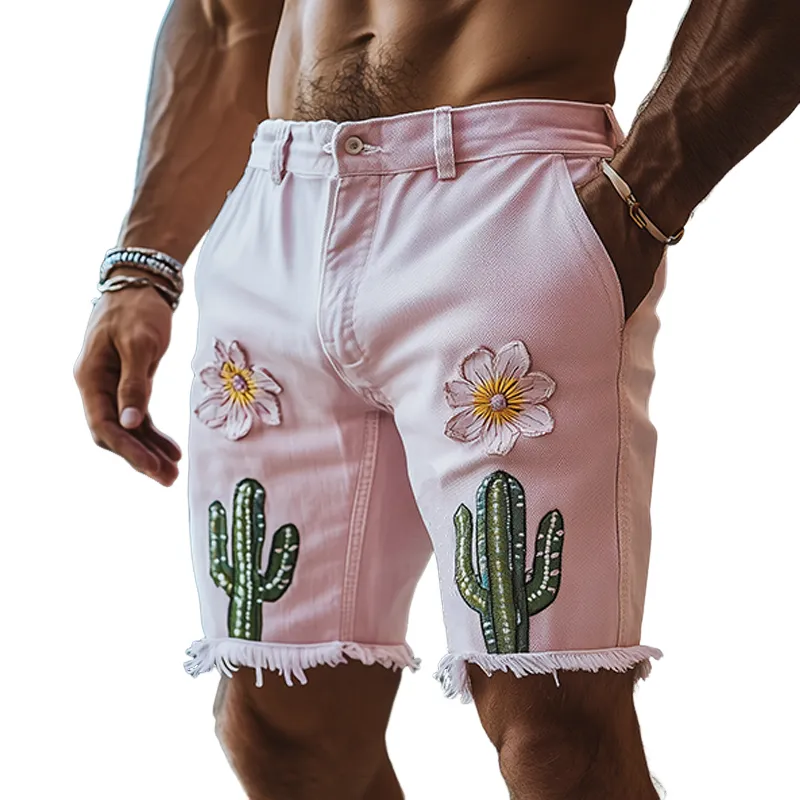 Men's Spring And Summer Fashion Casual Pink Washed Denim Three-Dimensional Flower Cactus Embroidered Shorts MTA1225F1K sold by Manly