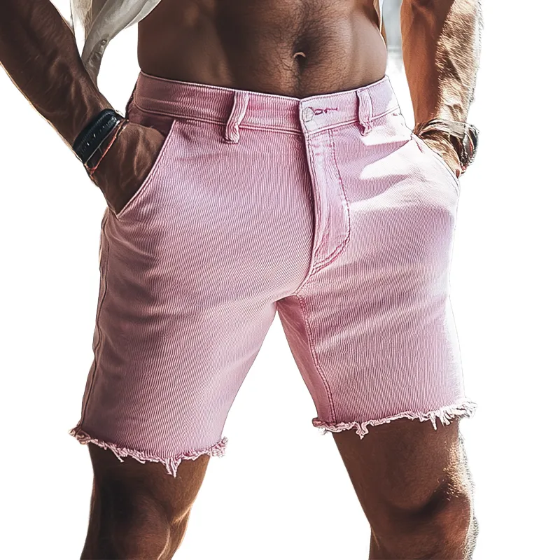 Men's Spring And Summer Fashion Casual Pink Hem Washed Denim Shorts MTA1287F7K sold by Manly