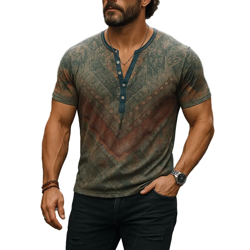 Men's Summer Fashion Printed Polyester Blended Short Sleeve Henley Shirt MTA1367F1P sold by Manly