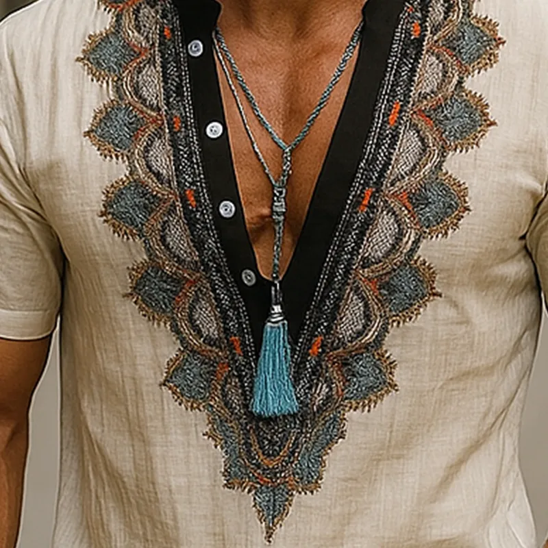 Men's Summer Fashion Embroidery Slub Linen Short Sleeve Shirt MTA1356F2P sold by Manly product image thumbnail 3