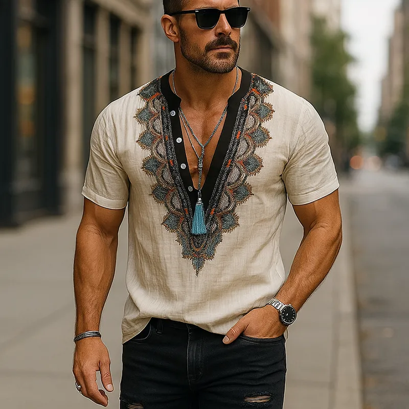 Men's Summer Fashion Embroidery Slub Linen Short Sleeve Shirt MTA1356F2P sold by Manly product image thumbnail 2