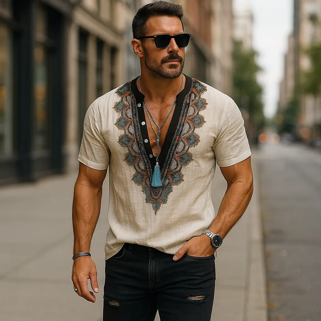 Men's Summer Fashion Embroidery Slub Linen Short Sleeve Shirt MTA1356F2P sold by Manly product image thumbnail 4