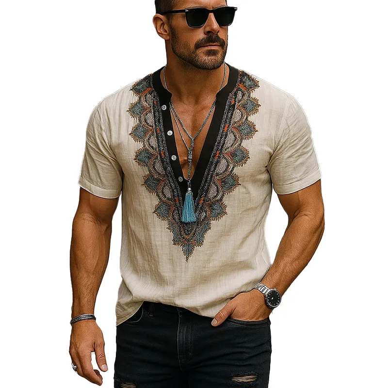 Men's Summer Fashion Embroidery Slub Linen Short Sleeve Shirt MTA1356F2P sold by Manly