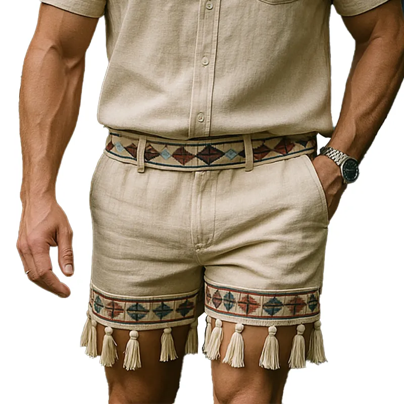 Men's Summer Fashion Printed Tassel Slub Linen Casual Shorts MTA1355F0P sold by Manly