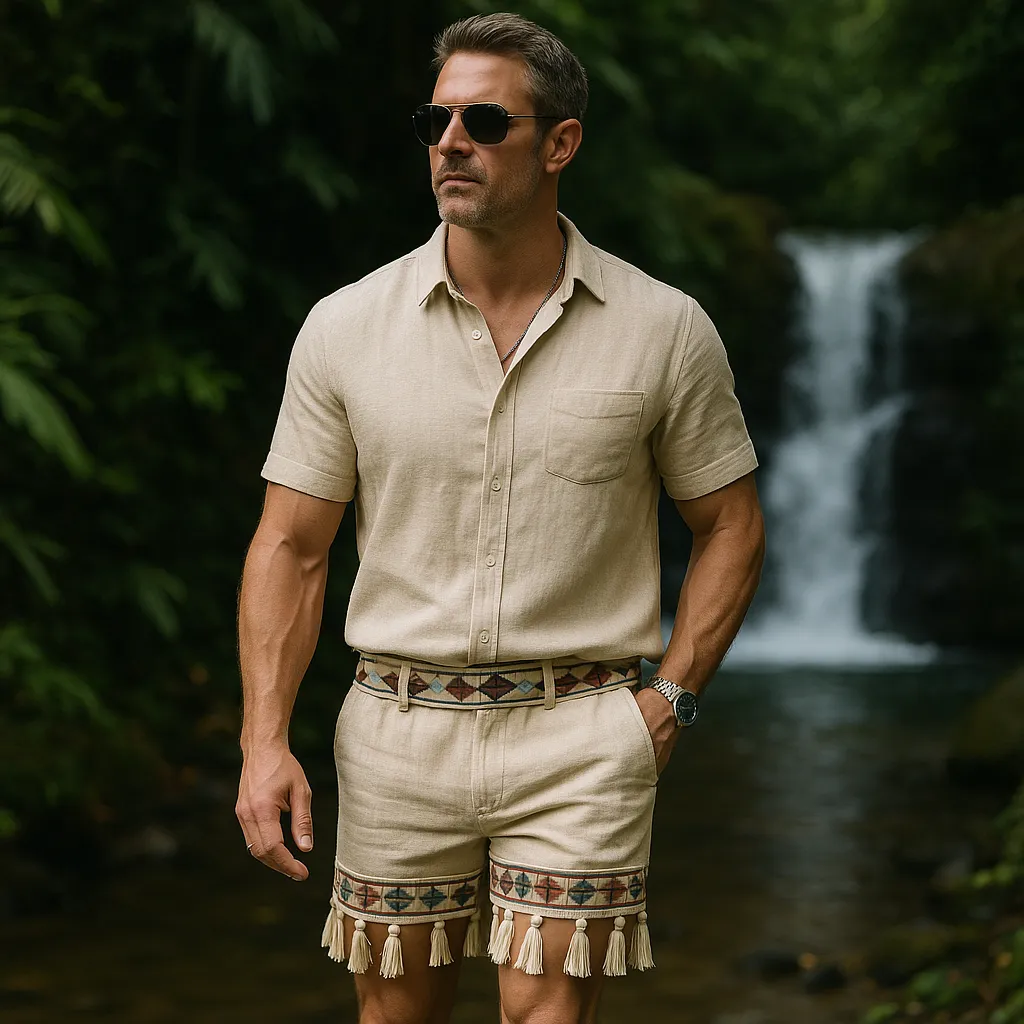 Men's Summer Fashion Printed Tassel Slub Linen Casual Shorts MTA1355F0P sold by Manly product image thumbnail 3