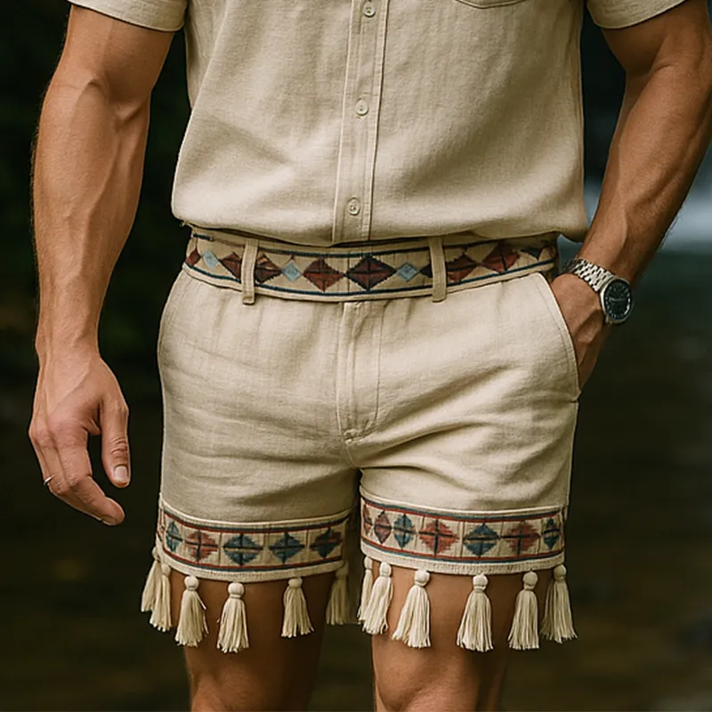 Men's Summer Fashion Printed Tassel Slub Linen Casual Shorts MTA1355F0P sold by Manly product image thumbnail 2