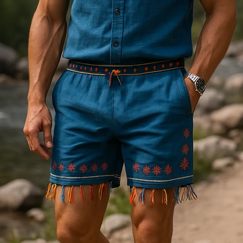Men's Summer Fashion Embroidery Tassel Slub Linen Casual Shorts MTA1302F6P sold by Manly product image thumbnail 2