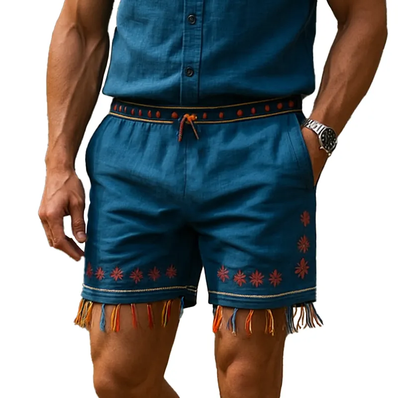 Men's Summer Fashion Embroidery Tassel Slub Linen Casual Shorts MTA1302F6P sold by Manly