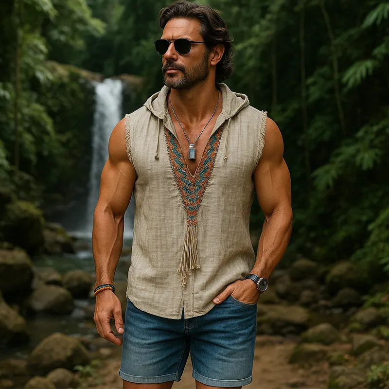 Men's Summer Fashion Embroidered Hooded Slub Linen Tank Top MTA1365F3P sold by Manly product image thumbnail 2