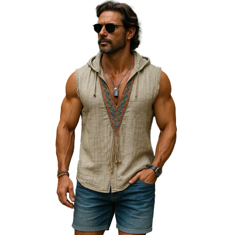 Men's Summer Fashion Embroidered Hooded Slub Linen Tank Top MTA1365F3P sold by Manly
