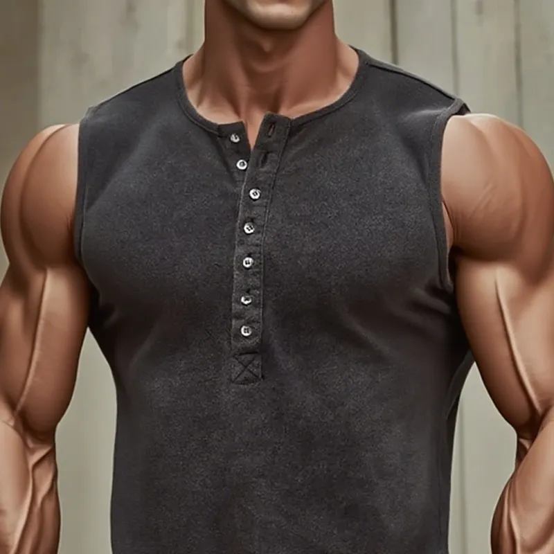 Men's Distressed Henley Collar Sleeveless Tank Top MTA1306F5Z sold by Manly product image thumbnail 3