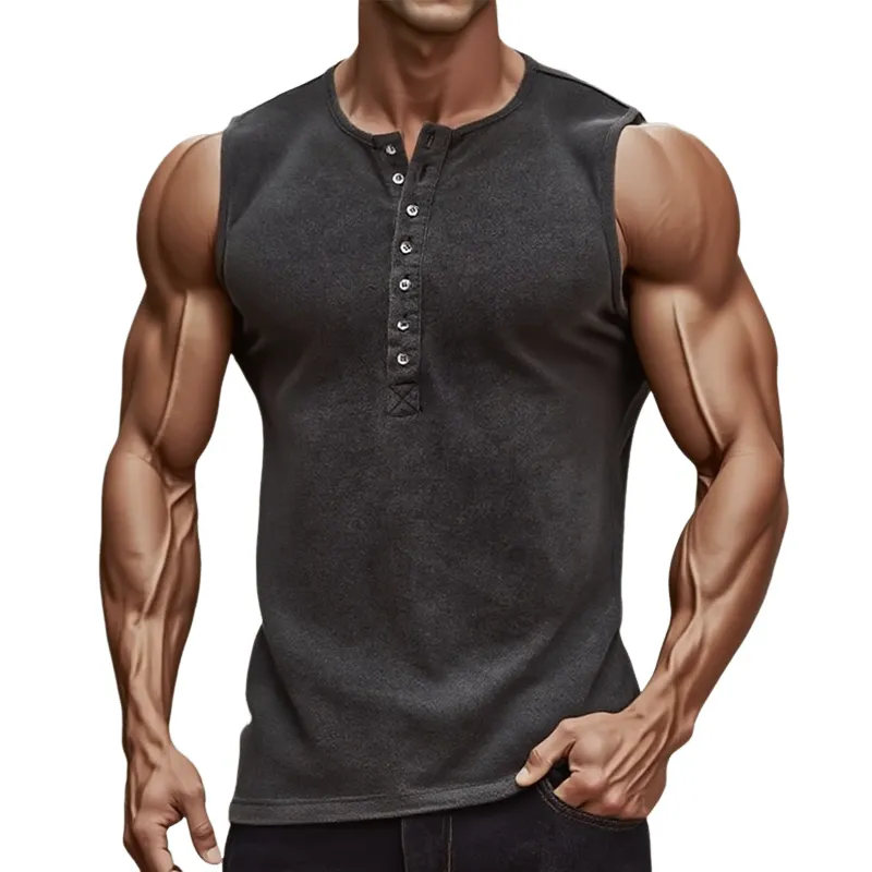 Men's Distressed Henley Collar Sleeveless Tank Top MTA1306F5Z sold by Manly