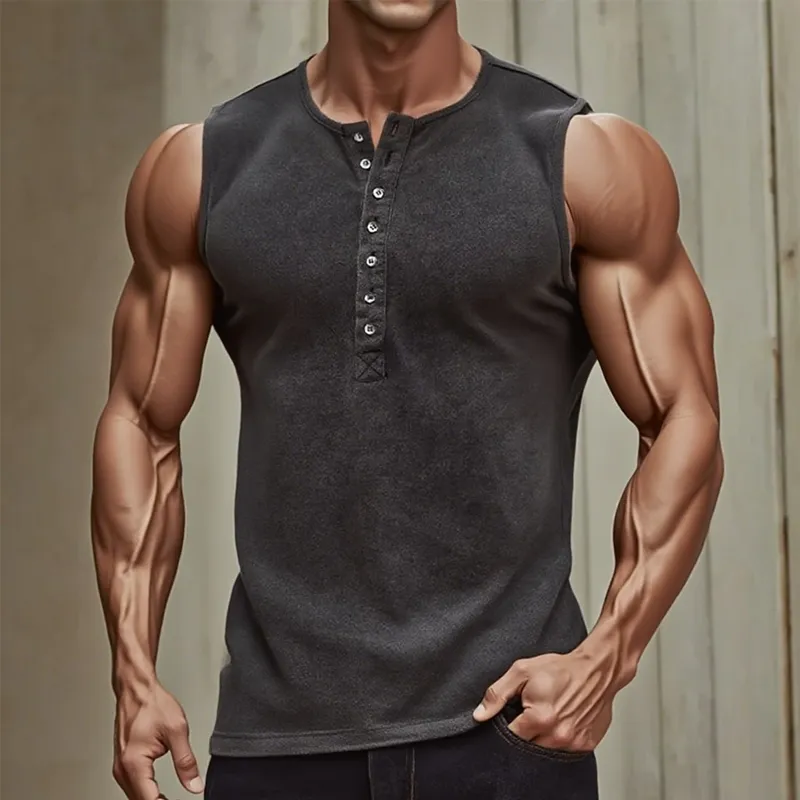 Men's Distressed Henley Collar Sleeveless Tank Top MTA1306F5Z sold by Manly product image thumbnail 2