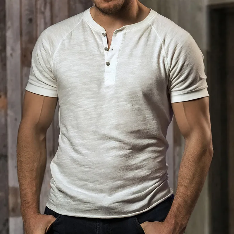 Men's Solid Color Slub Cotton Henley Neck Short Sleeve T-shirt MTA1311F4Z sold by Manly product image thumbnail 2