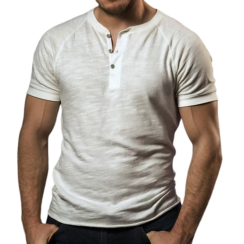 Men's Solid Color Slub Cotton Henley Neck Short Sleeve T-shirt MTA1311F4Z sold by Manly