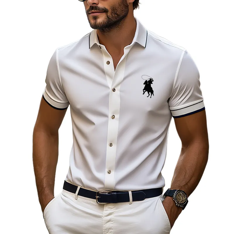 Men's Colorblock Trim Lapel Short Sleeve Shirt MTA1337F5Z sold by Manly