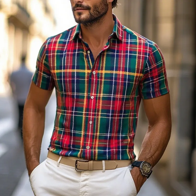 Men's Plaid Lapel Short Sleeve Casual Shirt MTA1375F5Z sold by Manly product image thumbnail 2
