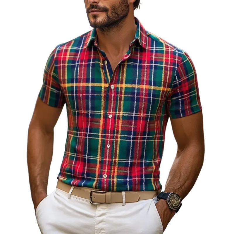 Men's Plaid Lapel Short Sleeve Casual Shirt MTA1375F5Z sold by Manly