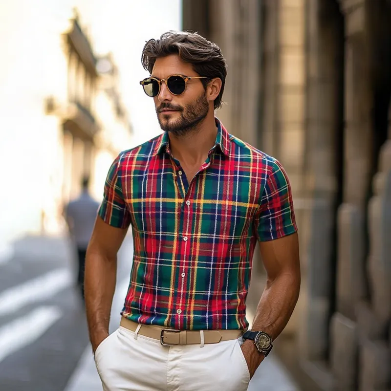 Men's Plaid Lapel Short Sleeve Casual Shirt MTA1375F5Z sold by Manly product image thumbnail 4